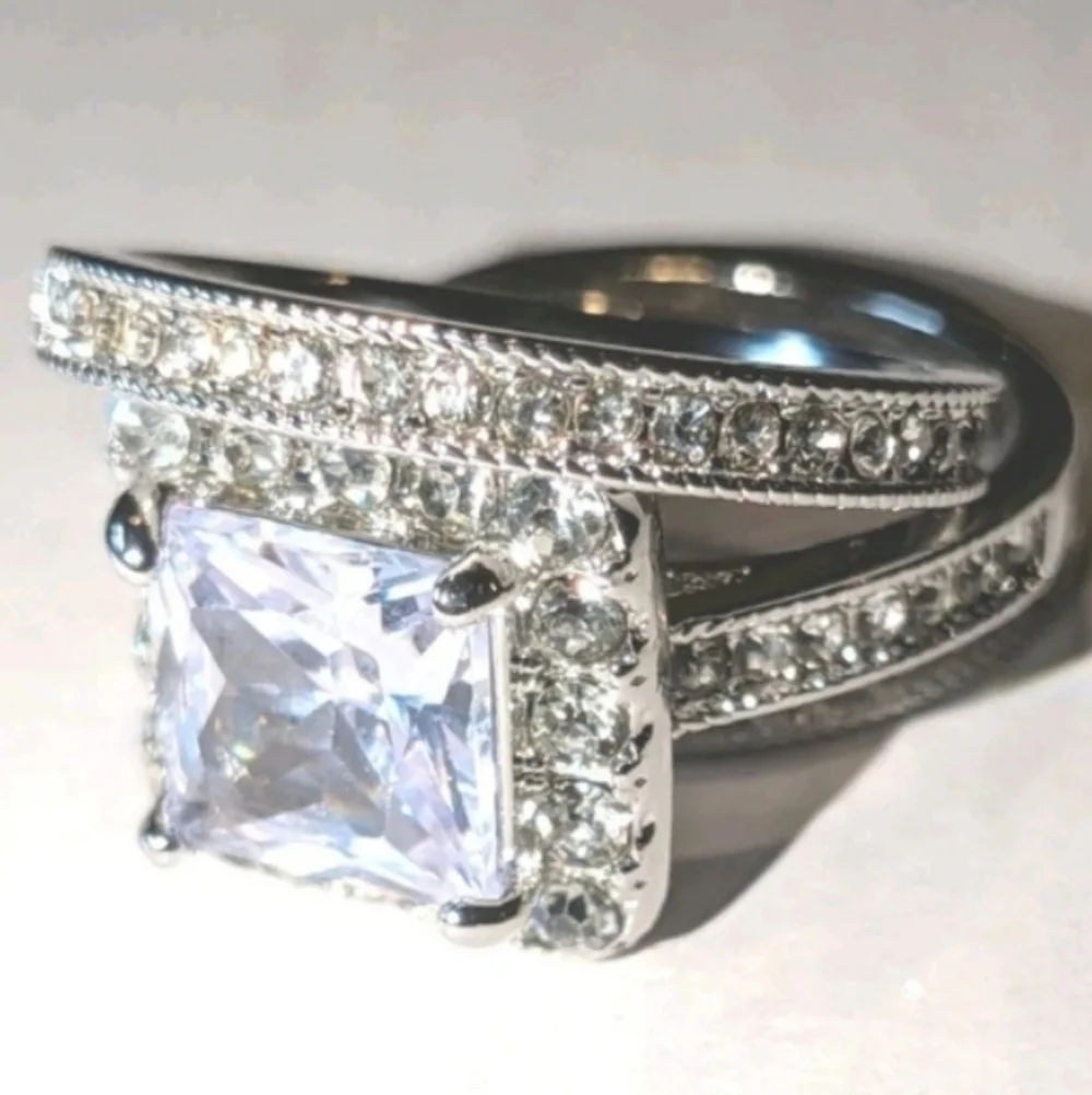 Womens 5ct Princess Cut Lab Created Diamond Halo Trio Wedding Ring Sz 7.5